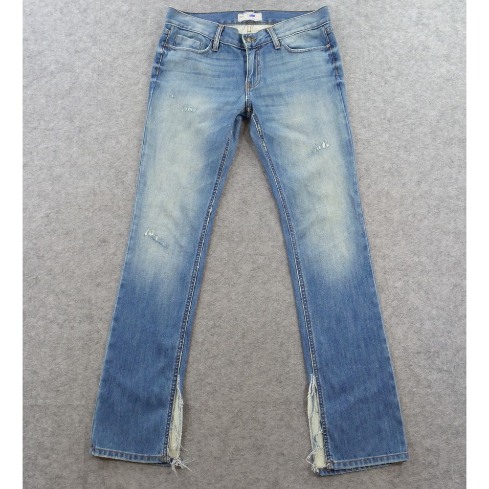 Free People Jeans Womens 29 Blue Denim Split Hem Distressed Low Rise Flare Boho